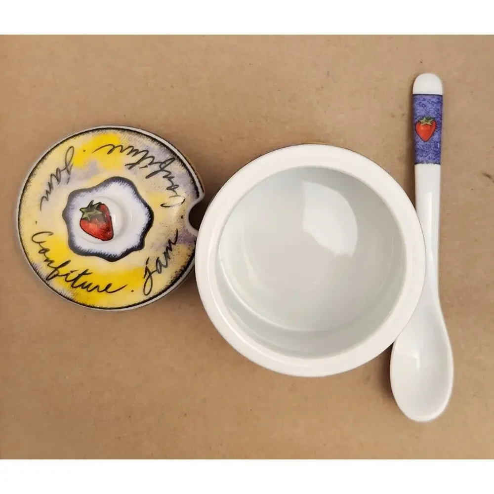 MSC Joie de Vivre Ceramic Jam Jar with Lid & Spoon | Fruit Pattern Confiture Pot